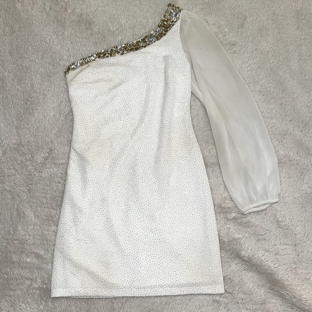 White and Gold One Sleeve Fancy Homecoming Dress